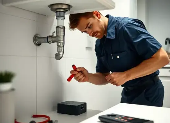 Professional plumber working on residential plumbing